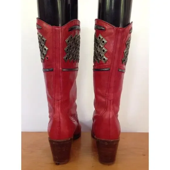 Vintage Francois Villon Paris Red Italian Leather Studded Cowgirl Boots 36.5 6 - Picture 4 of 10